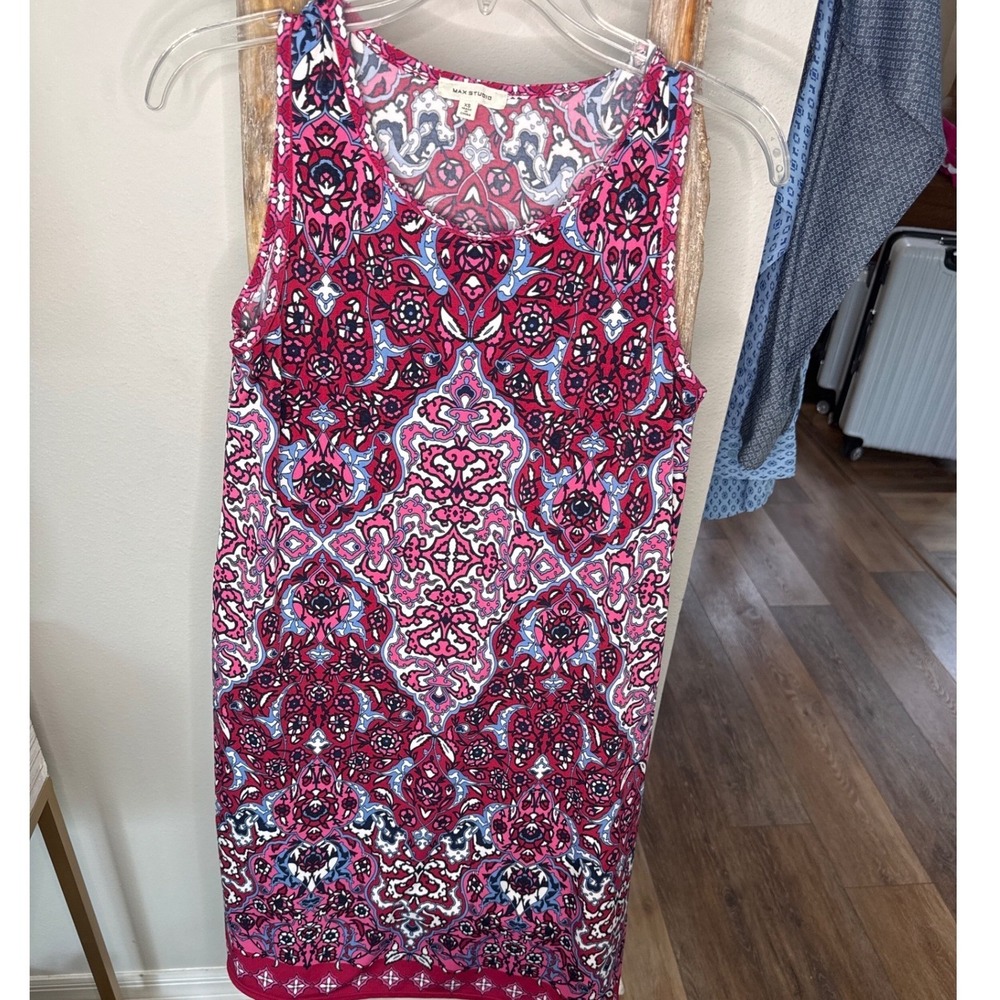 Max Studio sleeveless dress features a vibrant red blue paisley-inspired pattern